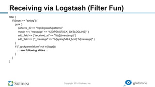 Copyright 2014 Solinea, Inc.
Receiving via Logstash (Filter Fun)
filter {
if ([type] == "syslog”) {
grok {
patterns_dir => "/opt/logstash/patterns"
match => { "message" => "%{OPENSTACK_SYSLOGLINE}" }
add_field => { "received_at" => "%{@timestamp}" }
add_field => { "_message" => "%{syslog5424_host} %{message}" }
}
if ("_grokparsefailure" not in [tags]) {
… see following slides …
}
}
}
 
