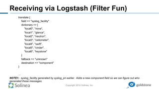 Copyright 2014 Solinea, Inc.
Receiving via Logstash (Filter Fun)
translate {
field => "syslog_facility"
dictionary => [
"local0", "nova",
"local1", "glance",
"local2", "neutron",
"local3", "ceilometer",
"local4", "swift",
"local5", "cinder",
"local6", "keystone"
]
fallback => "unknown"
destination => "component"
}
…
NOTE1: syslog_facility generated by syslog_pri earlier. Adds a new component field so we can figure out who
generated these messages.
 