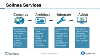 Copyright 2014 Solinea, Inc.
Solinea Services
! ! !
"
Conceive Architect Integrate Adopt
Conceive the
cloud strategy
for existing
and new
cloud services
to drive
customer
adoption
Architect the
cloud
platforms
based on
market
demand and
internal
capabilities
Implement the
cloud
offerings and
integrate them
into the
existing
infrastructure
& processes
Operate the
cloud, transfer
knowledge,
train the team
and enable
rapid adoption
 