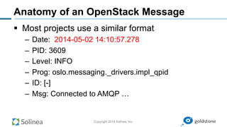 Copyright 2014 Solinea, Inc.
Anatomy of an OpenStack Message
§  Most projects use a similar format
–  Date: 2014-05-02 14:10:57.278
–  PID: 3609
–  Level: INFO
–  Prog: oslo.messaging._drivers.impl_qpid
–  ID: [-]
–  Msg: Connected to AMQP …
 