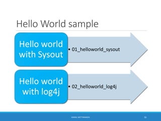 Hello World sample
• 01_helloworld_sysout
Hello world
with Sysout
• 02_helloworld_log4j
Hello world
with log4j
16KAMAL METTANANDA
 