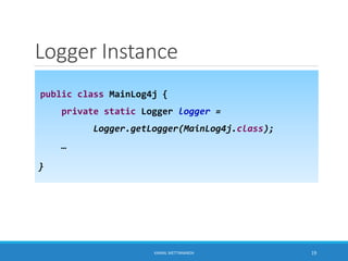 Logger Instance
public class MainLog4j {
private static Logger logger =
Logger.getLogger(MainLog4j.class);
…
}
19KAMAL METTANANDA
 
