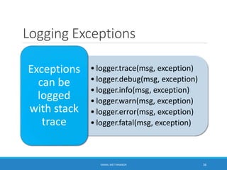 Logging Exceptions
• logger.trace(msg, exception)
• logger.debug(msg, exception)
• logger.info(msg, exception)
• logger.warn(msg, exception)
• logger.error(msg, exception)
• logger.fatal(msg, exception)
Exceptions
can be
logged
with stack
trace
36KAMAL METTANANDA
 