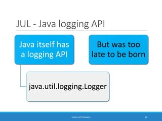 JUL - Java logging API
Java itself has
a logging API
java.util.logging.Logger
But was too
late to be born
42KAMAL METTANANDA
 