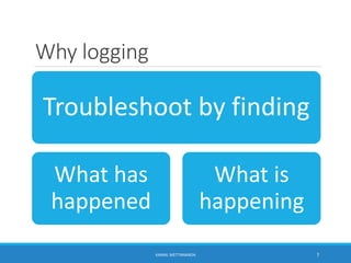 Why logging
Troubleshoot by finding
What has
happened
What is
happening
7KAMAL METTANANDA
 