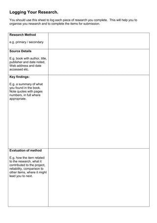 Logging Your Research.
You should use this sheet to log each piece of research you complete. This will help you to
organise you research and to complete the items for submission.
Research Method
e.g. primary / secondary
Source Details
E.g. book with author, title,
publisher and date noted,
Web address and date
accessed etc.
Key findings:
E.g. a summary of what
you found in the book.
Note quotes with pages
numbers, in full where
appropriate.
Evaluation of method
E.g. how the item related
to the research, what it
contributed to the project,
reliability, comparison to
other items, where it might
lead you to next.
 
