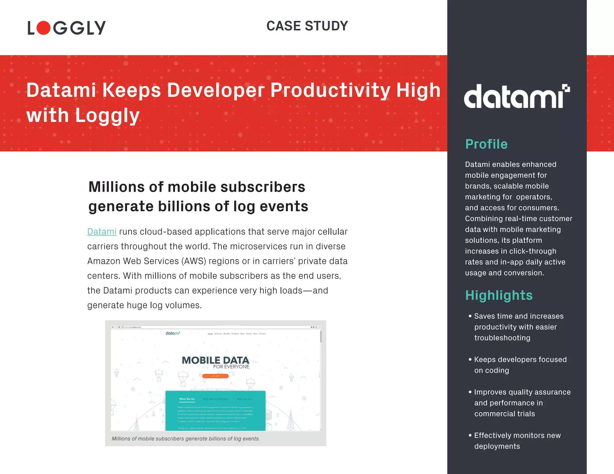 Datami Keeps Developer Productivity High
with Loggly
Profile
Millions of mobile subscribers
generate billions of log events
Highlights
Datami enables enhanced
mobile engagement for
brands, scalable mobile
marketing for operators,
and access for consumers.
Combining real-time customer
data with mobile marketing
solutions, its platform
increases in click-through
rates and in-app daily active
usage and conversion.
Datami runs cloud-based applications that serve major cellular
carriers throughout the world. The microservices run in diverse
Amazon Web Services (AWS) regions or in carriers’ private data
centers. With millions of mobile subscribers as the end users,
the Datami products can experience very high loads—and
generate huge log volumes.
• Saves time and increases
productivity with easier
troubleshooting
• Keeps developers focused
on coding
• Improves quality assurance
and performance in
commercial trials
• Effectively monitors new
deployments
CASE STUDY
Millions of mobile subscribers generate billions of log events.
 
