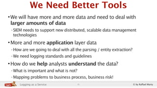 We Need Better Tools
• We will have more and more data and need to deal with
  larger amounts of data
 - SIEM needs to sup...