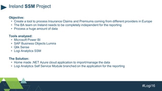 #Logi16
Objective:
• Create a tool to process Insurance Claims and Premiums coming from different providers in Europe
• The BA team on Ireland needs to be completely independent for the reporting
• Process a huge amount of data
Tools analyzed:
• Microsoft Power BI
• SAP Business Objects Lumira
• Qlik Sense
• Logi Analytics SSM
The Solution:
• Home made .NET Azure cloud application to import/manage the data
• Logi Analytics Self Service Module branched on the application for the reporting
Ireland SSM Project
 