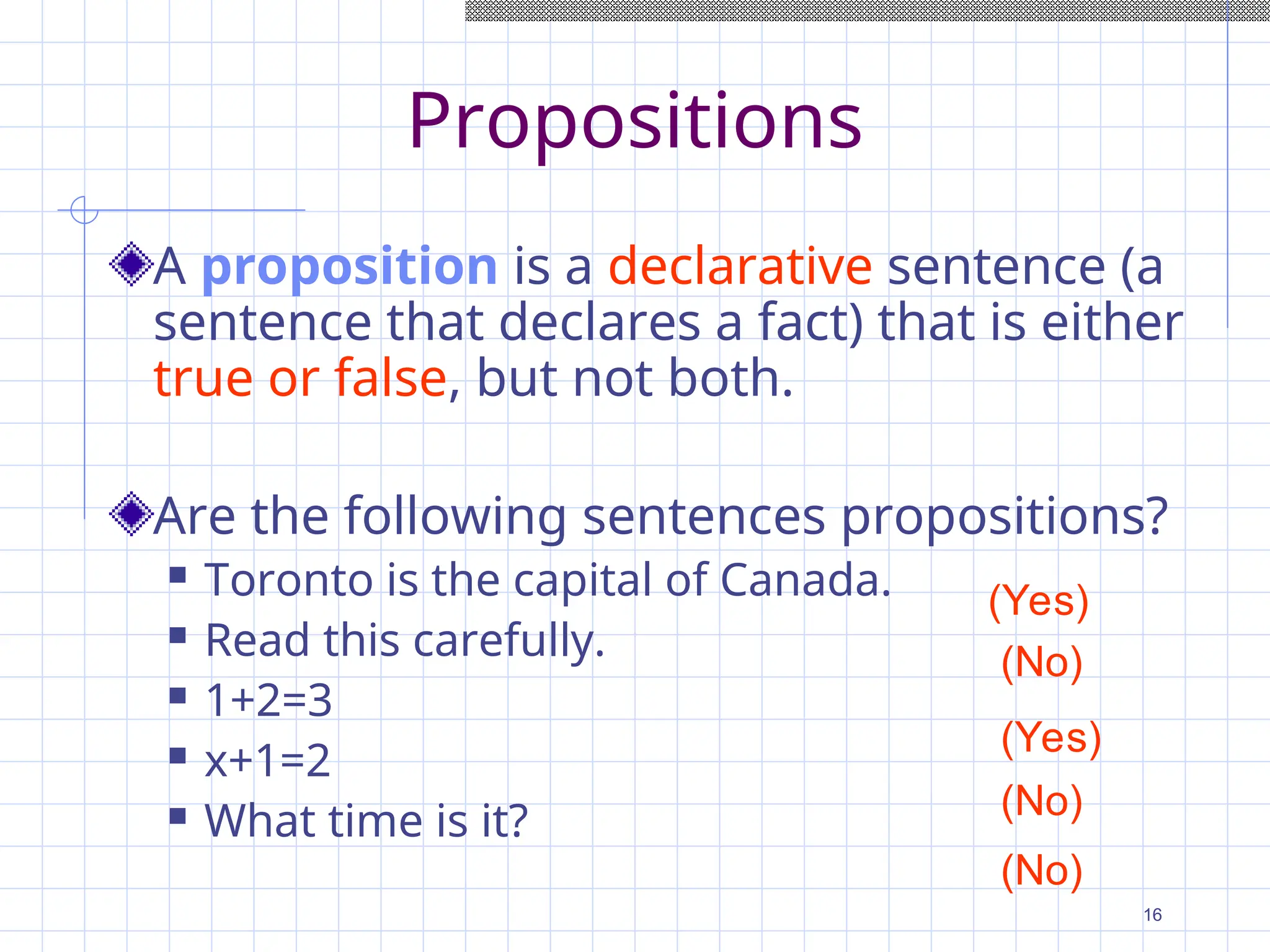 Propositions
A proposition is a declarative sentence (a
sentence that declares a fact) that is either
true or false, but not both.
Are the following sentences propositions?
 Toronto is the capital of Canada.
 Read this carefully.
 1+2=3
 x+1=2
 What time is it?
(No)
(No)
(No)
(Yes)
(Yes)
16
 