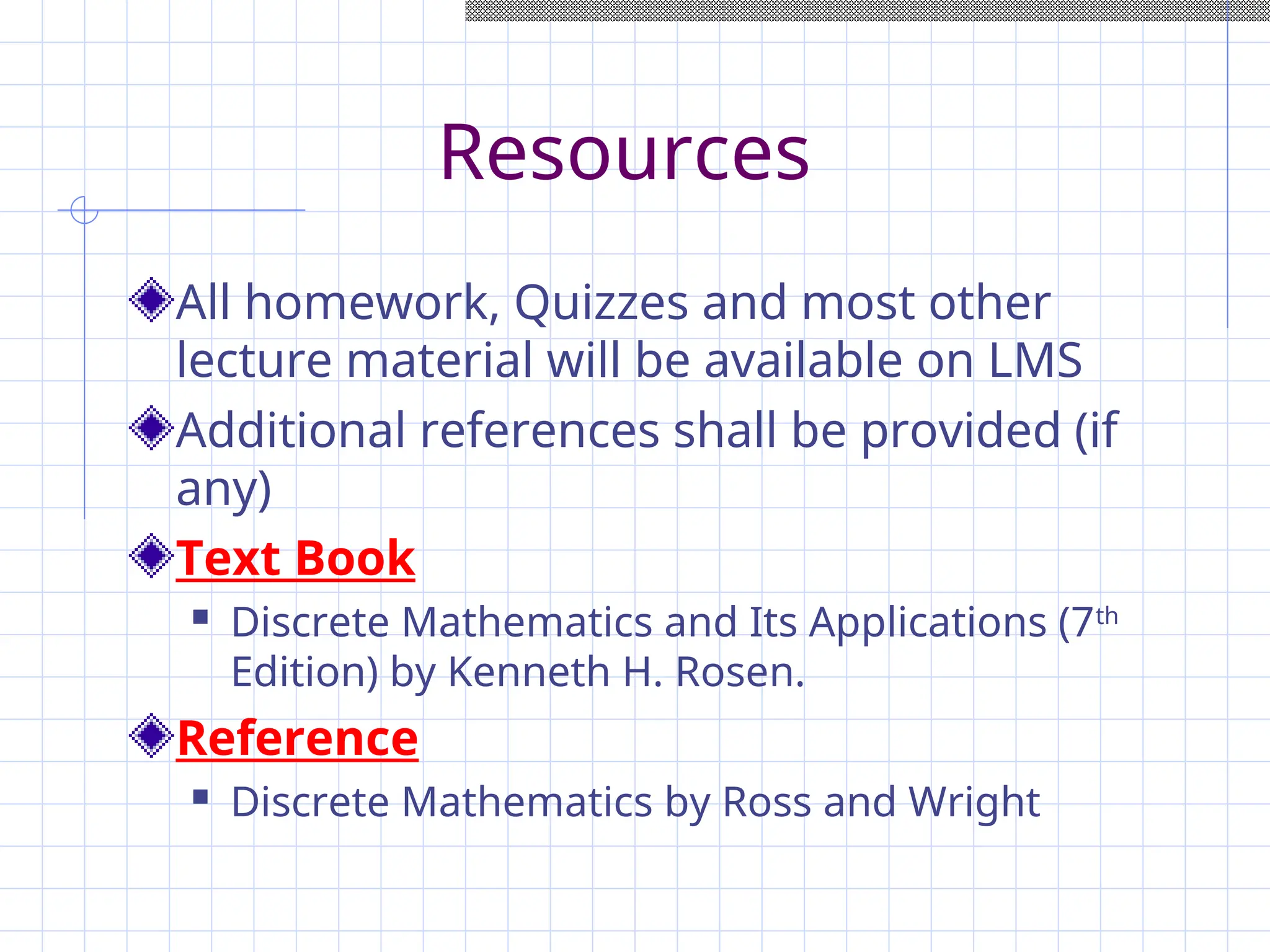 Resources
All homework, Quizzes and most other
lecture material will be available on LMS
Additional references shall be provided (if
any)
Text Book
 Discrete Mathematics and Its Applications (7th
Edition) by Kenneth H. Rosen.
Reference
 Discrete Mathematics by Ross and Wright
 