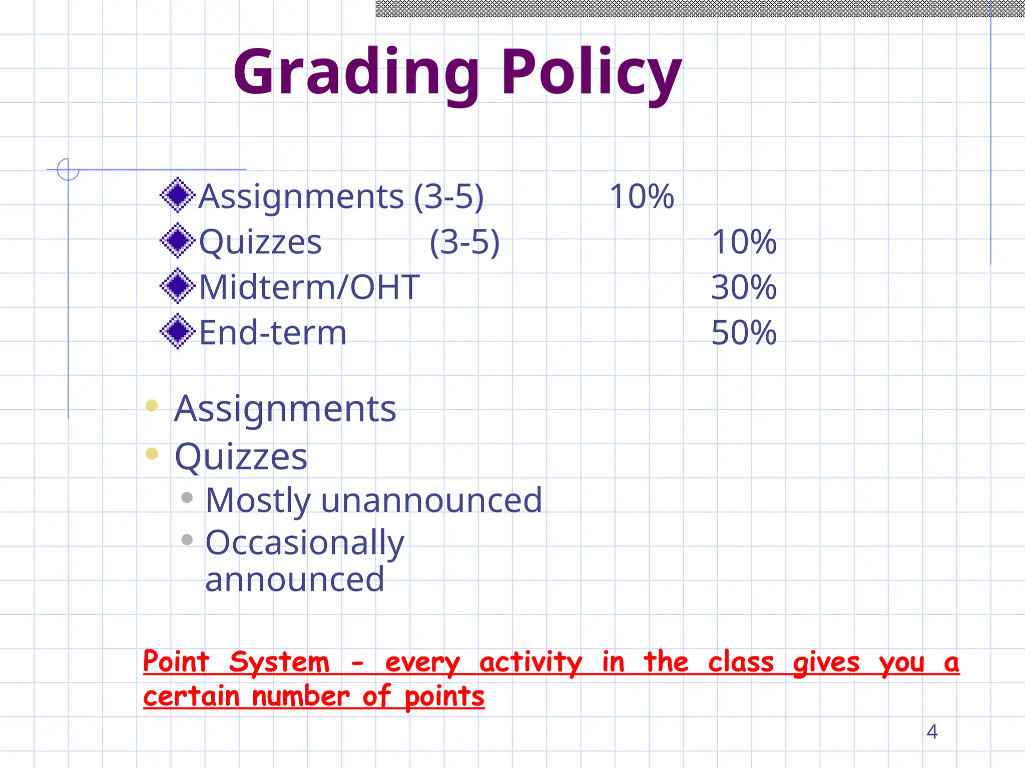Grading Policy
Assignments (3-5) 10%
Quizzes (3-5) 10%
Midterm/OHT 30%
End-term 50%
4
 Assignments
 Quizzes
 Mostly unannounced
 Occasionally
announced
Point System - every activity in the class gives you a
certain number of points
 