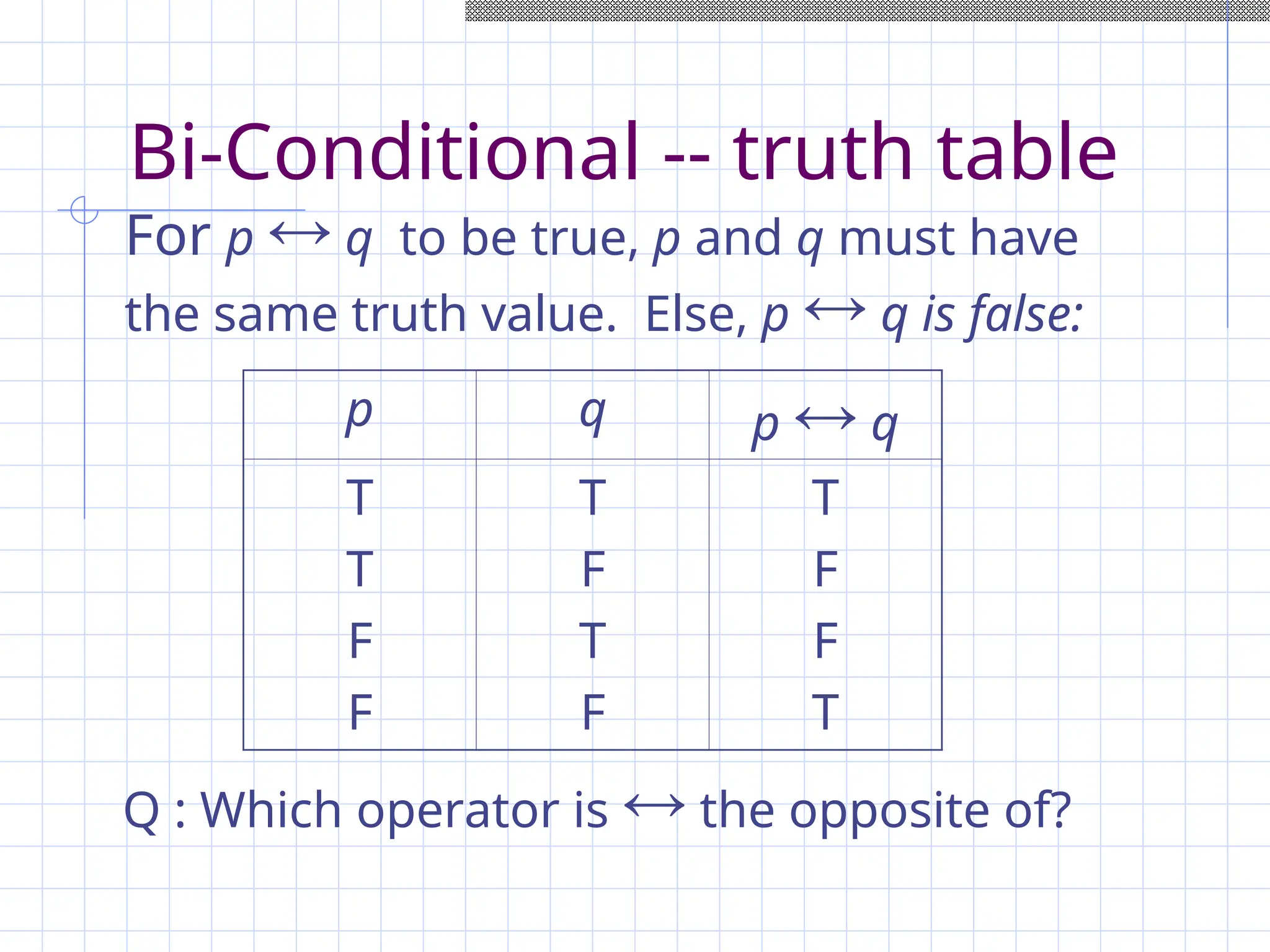 Bi-Conditional -- truth table
p q p  q
T
T
F
F
T
F
T
F
T
F
F
T
For p  q to be true, p and q must have
the same truth value. Else, p  q is false:
Q : Which operator is  the opposite of?
 