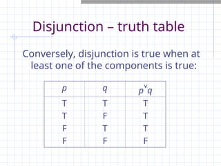 Disjunction – truth table
Conversely, disjunction is true when at
least one of the components is true:
p q pq
T
T
F
F
T
F
T
F
T
T
T
F
 