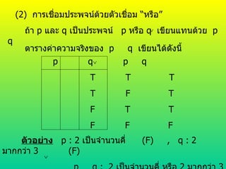 (2)  การเชื่อมประพจน์ด้วยตัวเชื่อม  “ หรือ ” ถ้า  p  และ  q  เป็นประพจน์  p  หรือ  q  เขียนแทนด้วย  p  q ตารางค่าความจริงของ  p  q   เขียนได้ดังนี้   p  q  p  q T  T  T T  F  T F  T  T F  F  F ตัวอย่าง   p : 2  เป็นจำนวนคี่  (F)  ,  q : 2  มากกว่า  3  (F) p  q :  2  เป็นจำนวนคี่ หรือ  2  มากกว่า  3  (F) 