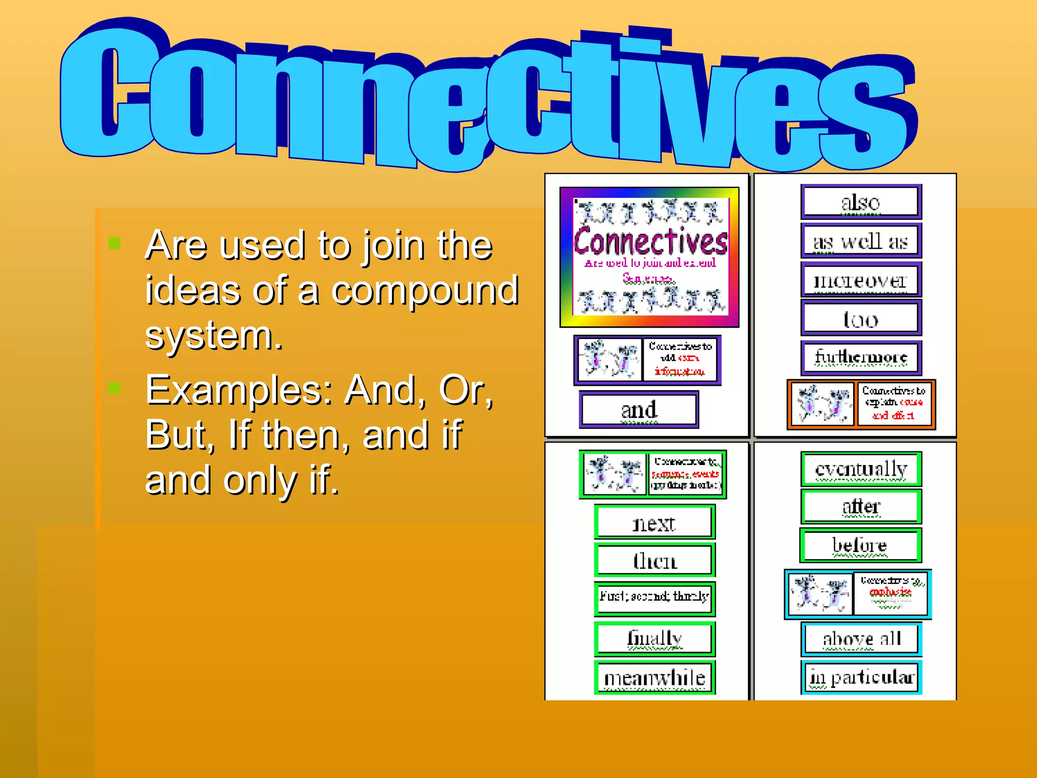 Are used to join the ideas of a compound system. Examples: And, Or, But, If then, and if and only if. Connectives 