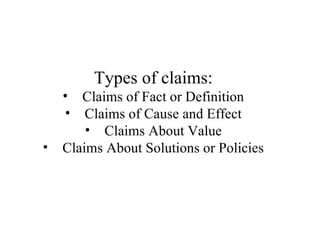 Types of claims: Claims of Fact or Definition Claims of Cause and Effect Claims About Value Claims About Solutions or Policies 