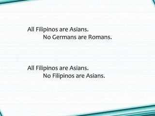 All Filipinos are Asians.
No Germans are Romans.
All Filipinos are Asians.
No Filipinos are Asians.
 
