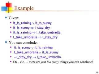 19
Example
 Given:
 it_is_raining ∨ it_is_sunny
 it_is_sunny ⇒ I_stay_dry
 it_is_raining ⇒ I_take_umbrella
 I_take_umbrella ⇒ I_stay_dry
 You can conclude:
 it_is_sunny ∨ it_is_raining
 I_take_umbrella ∨ it_is_sunny
 ¬I_stay_dry ⇒ I_take_umbrella
 Etc., etc. ... there are just too many things you can conclude!
 