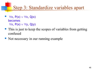46
Step 3: Standardize variables apart
 ∀x, P(x) ∨ ∀x, Q(x)
becomes
∀x, P(x) ∨ ∀y, Q(y)
 This is just to keep the scopes of variables from getting
confused
 Not necessary in our running example
 