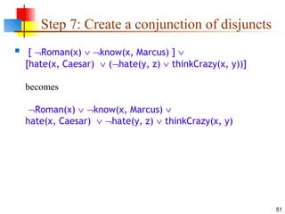 51
Step 7: Create a conjunction of disjuncts
 [ ¬Roman(x) ∨ ¬know(x, Marcus) ] ∨
[hate(x, Caesar) ∨ (¬hate(y, z) ∨ thinkCrazy(x, y))]
becomes
¬Roman(x) ∨ ¬know(x, Marcus) ∨
hate(x, Caesar) ∨ ¬hate(y, z) ∨ thinkCrazy(x, y)
 