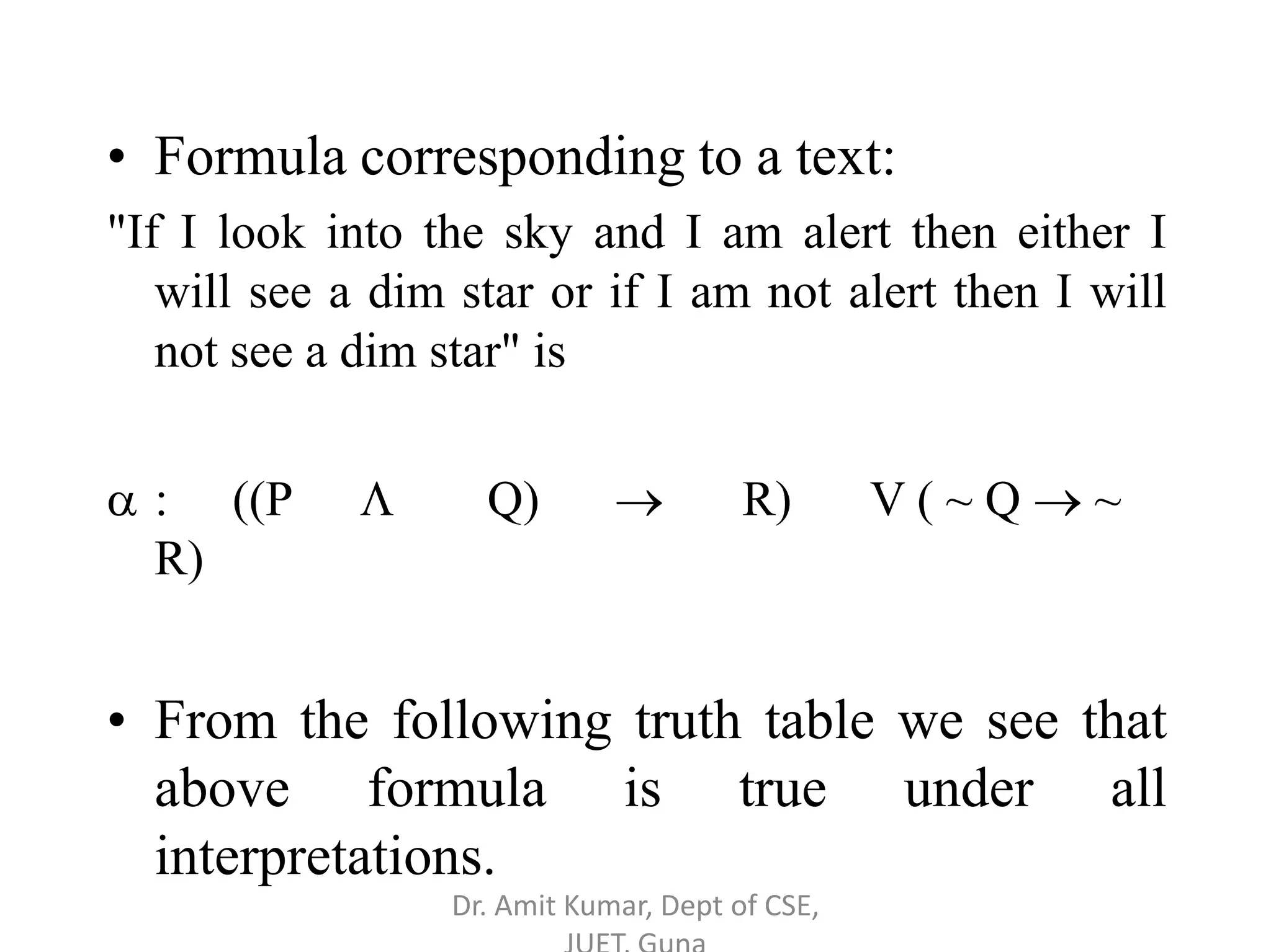 • Formula corresponding to a text:
"If I look into the sky and I am alert then either I
will see a dim star or if I am not alert then I will
not see a dim star" is
 : ((P  Q)  R) V ( ~ Q  ~
R)
• From the following truth table we see that
above formula is true under all
interpretations.
Dr. Amit Kumar, Dept of CSE,
 