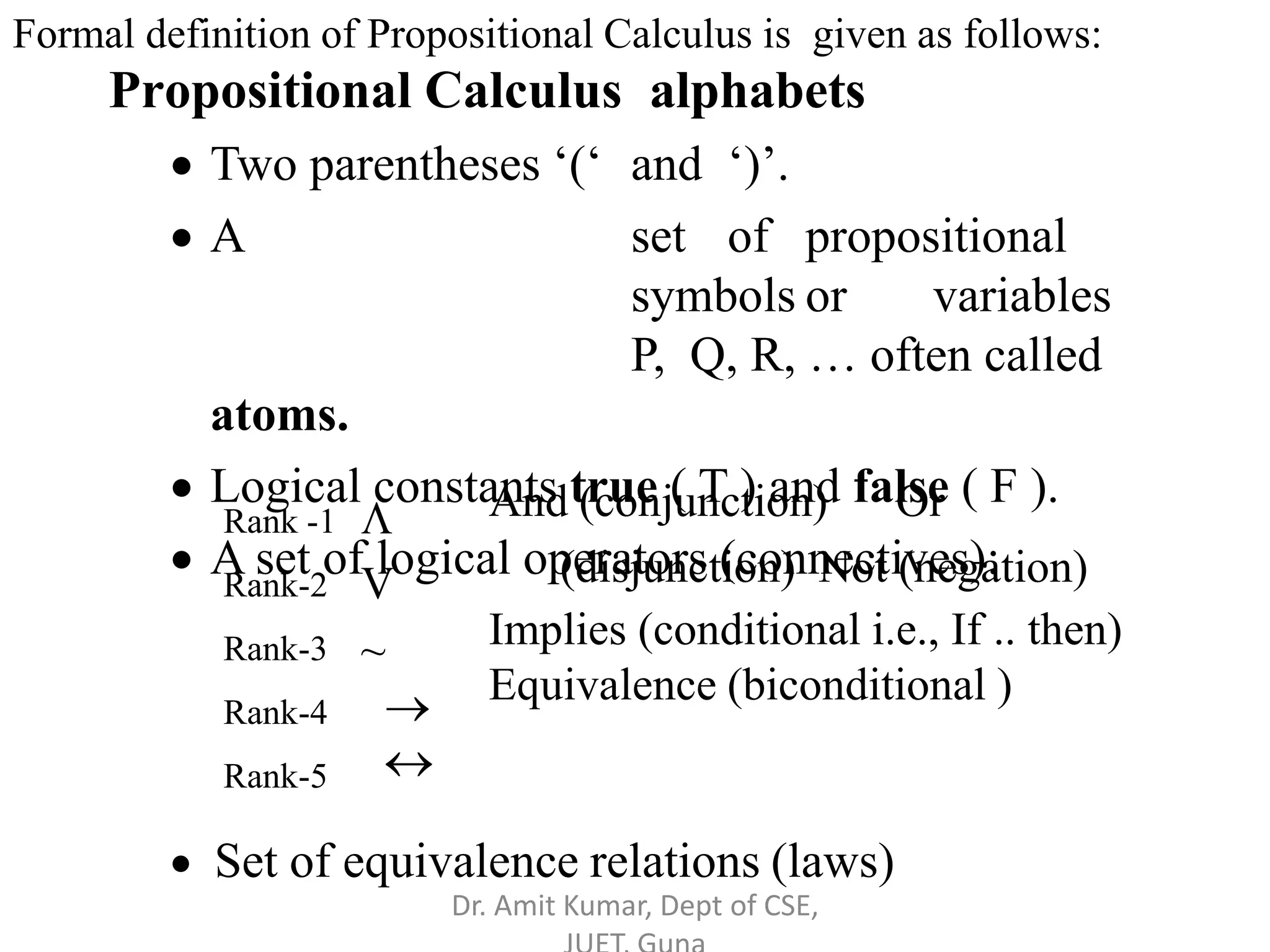 Propositional Calculus alphabets
 Two parentheses ‘(‘ and ‘)’.
 A set of propositional
symbols or variables
P, Q, R, … often called
atoms.
 Logical constants true ( T ) and false ( F ).
 A set of logical operators (connectives):

V
~


And (conjunction) Or
(disjunction) Not (negation)
Implies (conditional i.e., If .. then)
Equivalence (biconditional )
 Set of equivalence relations (laws)
Formal definition of Propositional Calculus is given as follows:
Rank -1
Rank-2
Rank-3
Rank-4
Rank-5
Dr. Amit Kumar, Dept of CSE,
 