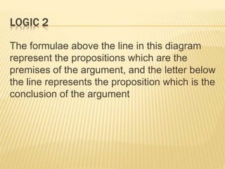 LOGIC 2
The formulae above the line in this diagram
represent the propositions which are the
premises of the argument, and the letter below
the line represents the proposition which is the
conclusion of the argument
 