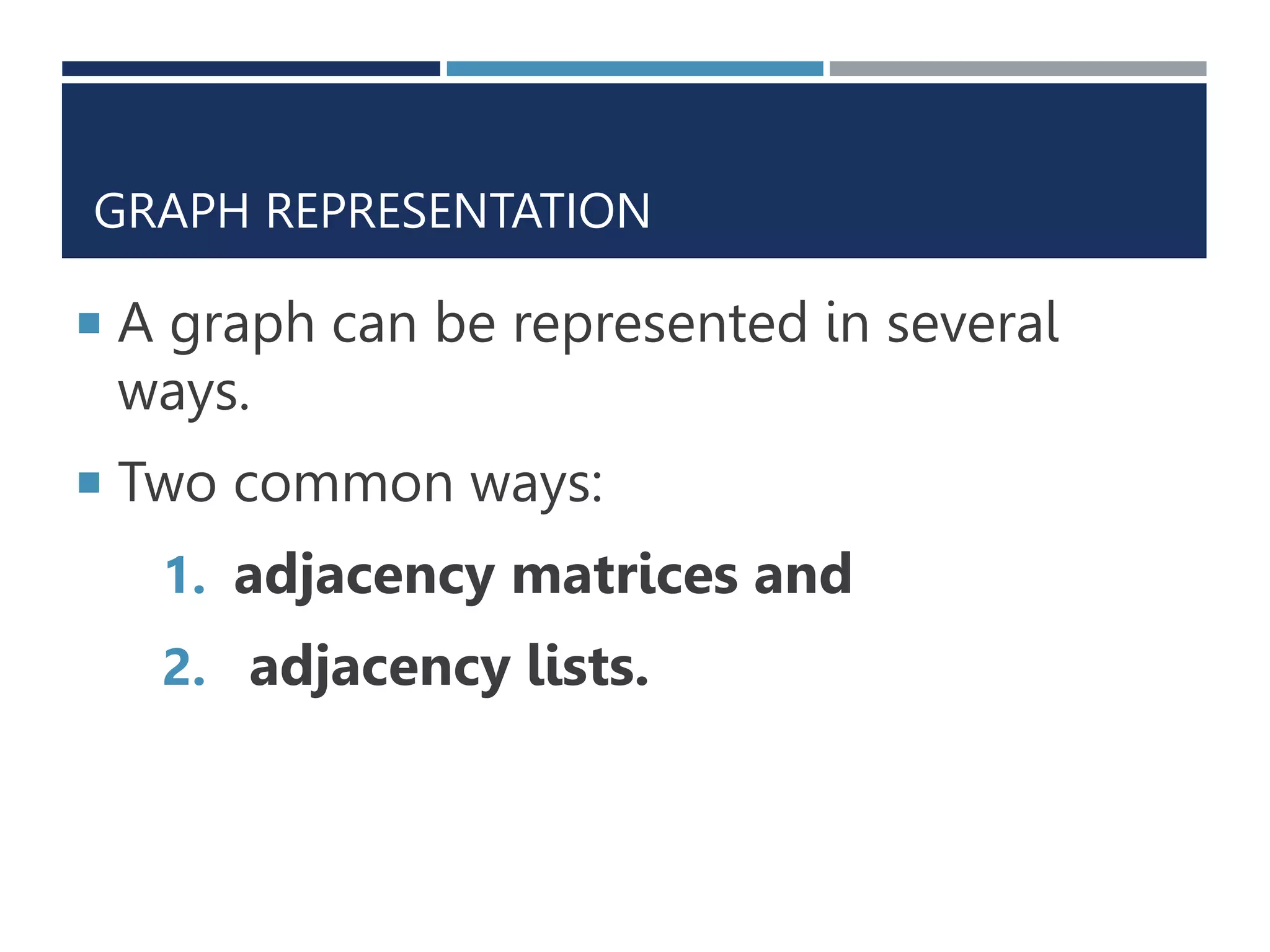 GRAPH REPRESENTATION
 A graph can be represented in several
ways.
 Two common ways:
1. adjacency matrices and
2. adjacency lists.
 