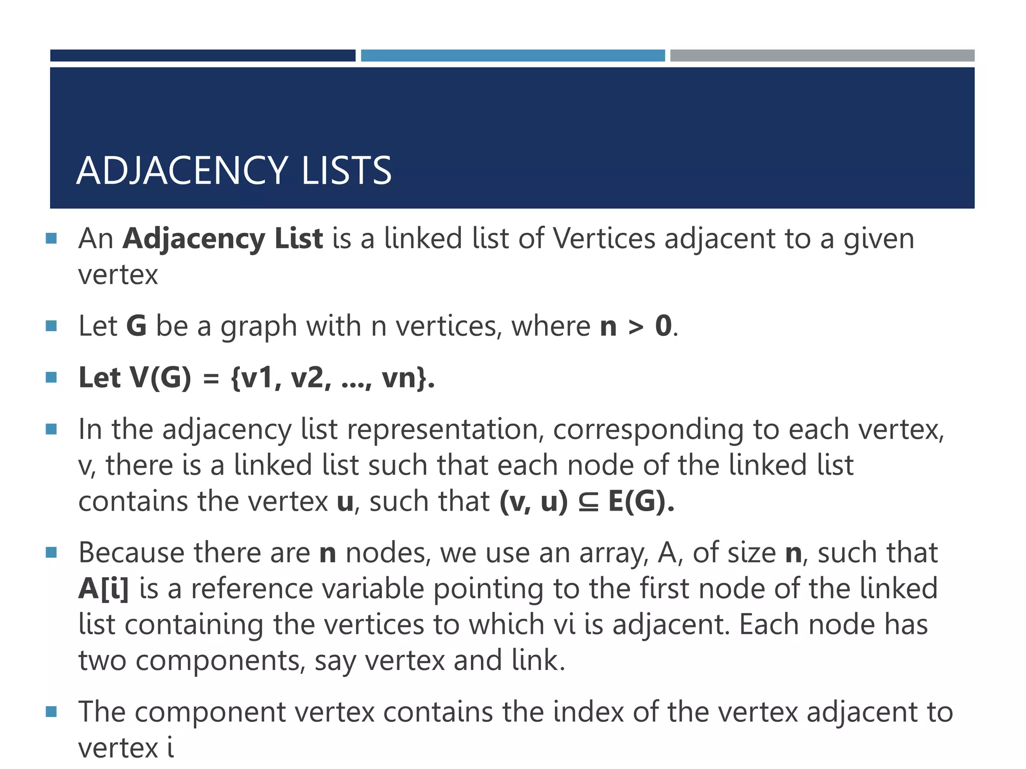 ADJACENCY LISTS
 An Adjacency List is a linked list of Vertices adjacent to a given
vertex
 Let G be a graph with n vertices, where n > 0.
 Let V(G) = {v1, v2, ..., vn}.
 In the adjacency list representation, corresponding to each vertex,
v, there is a linked list such that each node of the linked list
contains the vertex u, such that (v, u) ⊆ E(G).
 Because there are n nodes, we use an array, A, of size n, such that
A[i] is a reference variable pointing to the first node of the linked
list containing the vertices to which vi is adjacent. Each node has
two components, say vertex and link.
 The component vertex contains the index of the vertex adjacent to
vertex i
 