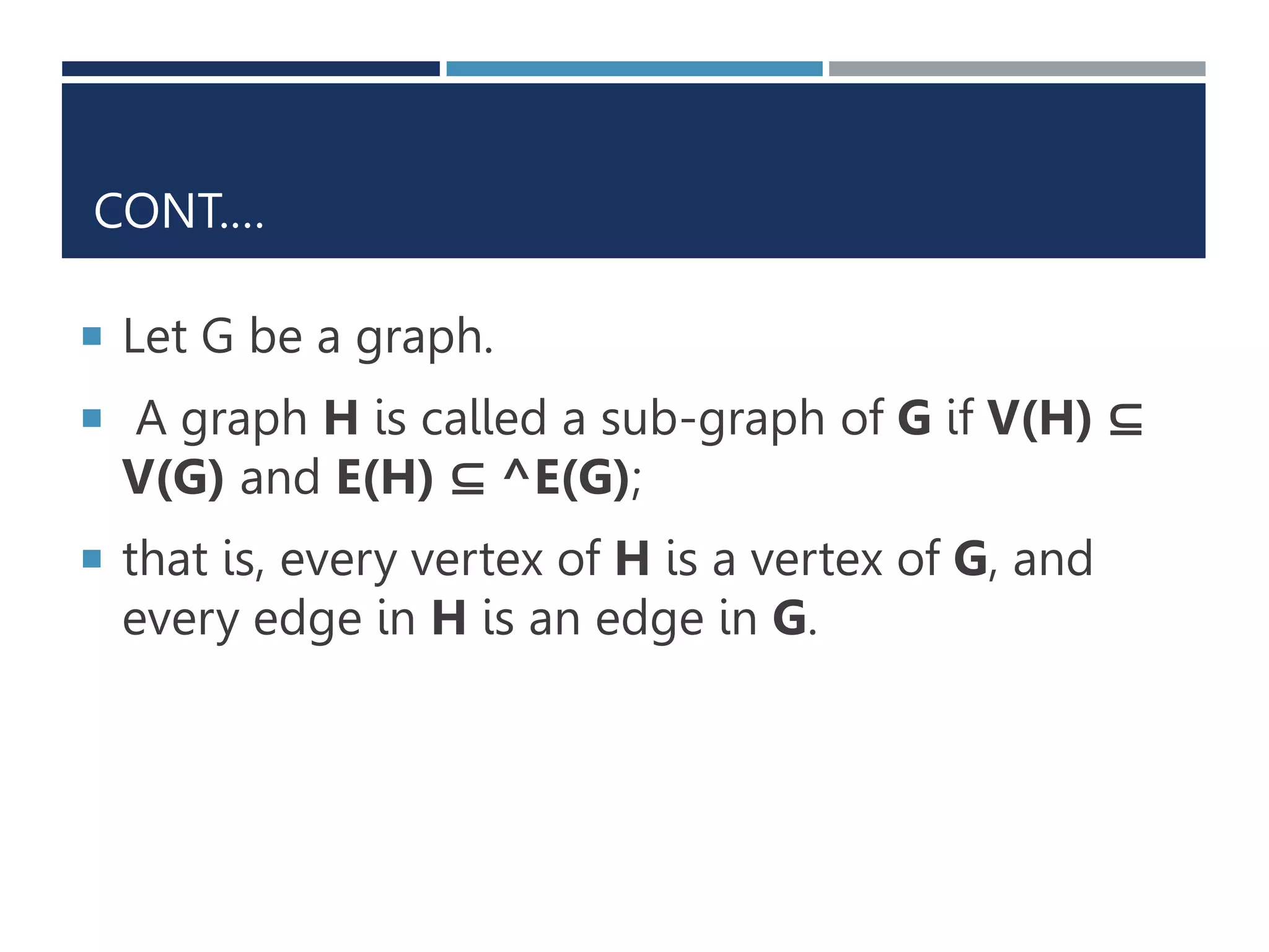 CONT.…
 Let G be a graph.
 A graph H is called a sub-graph of G if V(H) ⊆
V(G) and E(H) ⊆ ^E(G);
 that is, every vertex of H is a vertex of G, and
every edge in H is an edge in G.
 
