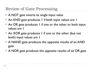 Review of Gate Processing
 A NOT gate inverts its single input value
 An AND gate produces 1 if both input values are 1
 An OR gate produces 1 if one or the other or both input
values are 1
 An XOR gate produces 1 if one or the other (but not
both) input values are 1
 A NAND gate produces the opposite results of an AND
gate
 A NOR gate produces the opposite results of an OR gate
 