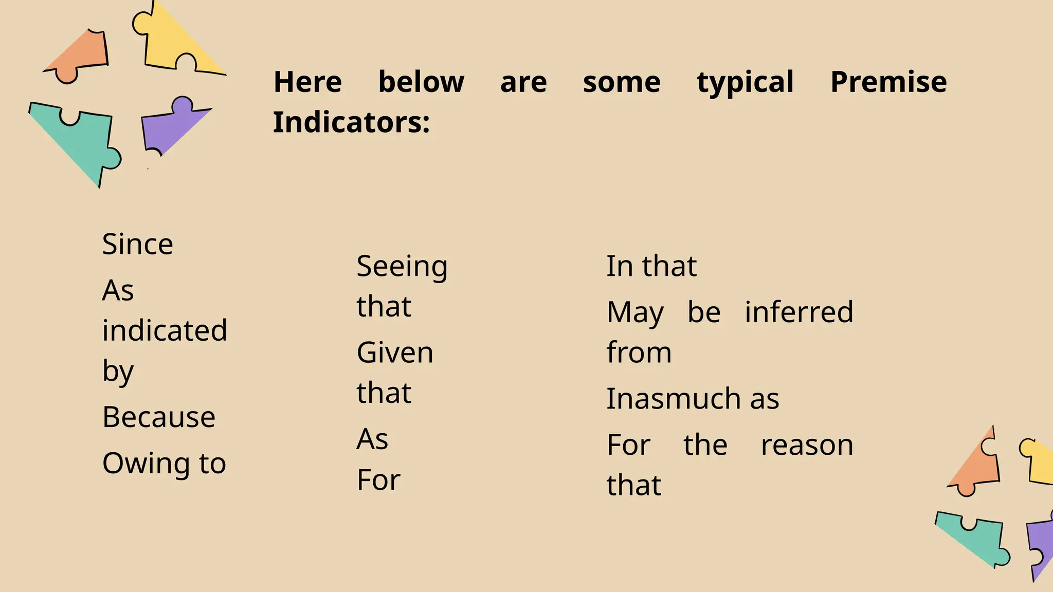 In that
May be inferred
from
Inasmuch as
For the reason
that
Here below are some typical Premise
Indicators:
Since
As
indicated
by
Because
Owing to
Seeing
that
Given
that
As
For
 