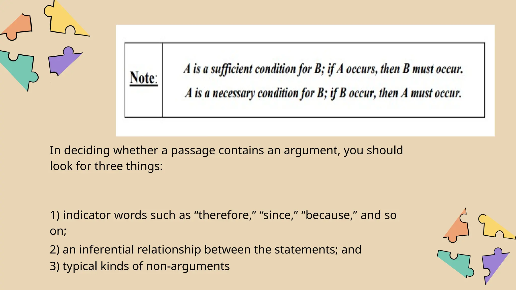 In deciding whether a passage contains an argument, you should
look for three things:
1) indicator words such as “therefore,” “since,” “because,” and so
on;
2) an inferential relationship between the statements; and
3) typical kinds of non-arguments
 