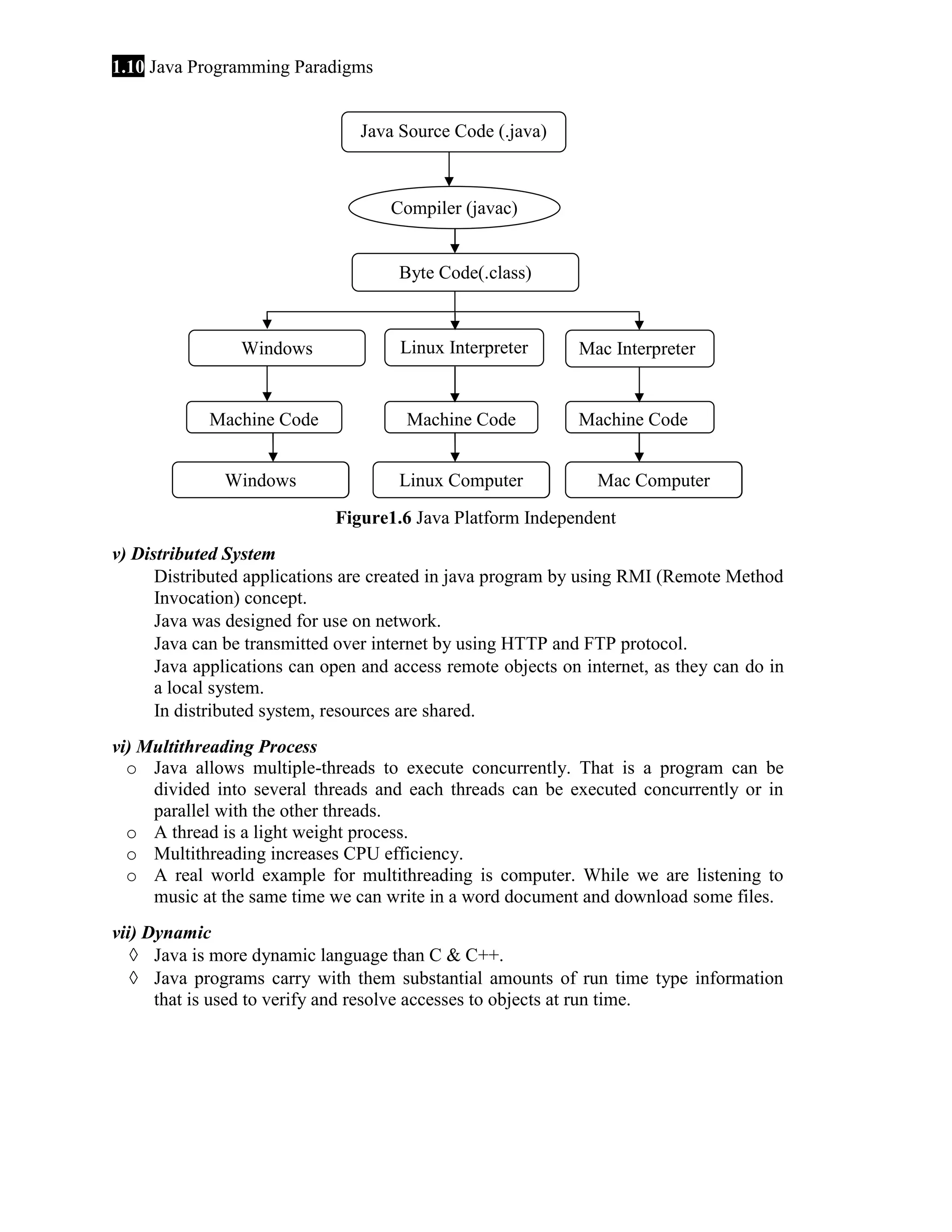 1.10 Java Programming Paradigms Java Source Code (.java) Compiler (javac) Byte Code(.class) Linux Interpreter Mac Interpreter Machine Code Machine Code Machine Code Windows Computer Linux Computer Windows Interpreter Mac Computer Figure1.6 Java Platform Independent v) Distributed System  Distributed applications are created in java program by using RMI (Remote Method Invocation) concept.  Java was designed for use on network.  Java can be transmitted over internet by using HTTP and FTP protocol.  Java applications can open and access remote objects on internet, as they can do in a local system.  In distributed system, resources are shared. vi) Multithreading Process o Java allows multiple-threads to execute concurrently. That is a program can be divided into several threads and each threads can be executed concurrently or in parallel with the other threads. o A thread is a light weight process. o Multithreading increases CPU efficiency. o A real world example for multithreading is computer. While we are listening to music at the same time we can write in a word document and download some files. vii) Dynamic ◊ Java is more dynamic language than C & C++. ◊ Java programs carry with them substantial amounts of run time type information that is used to verify and resolve accesses to objects at run time. 