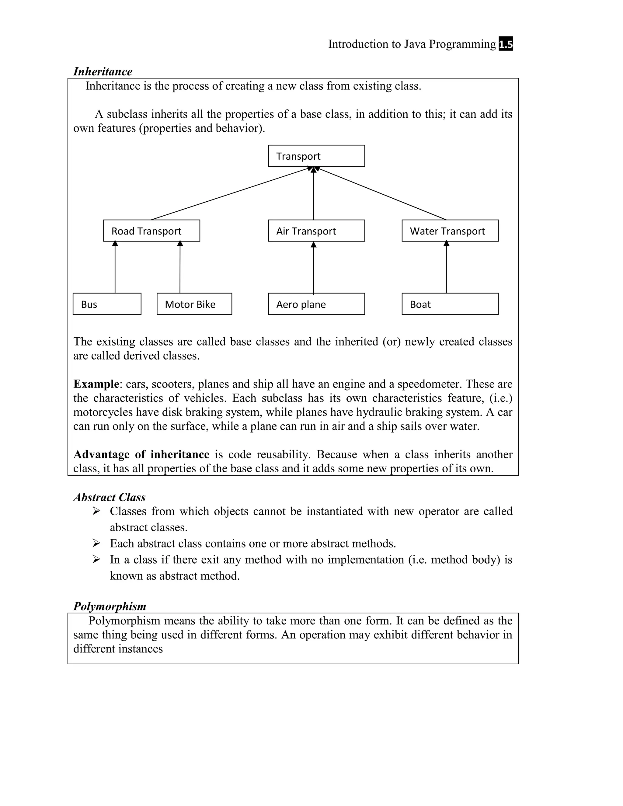 Introduction to Java Programming 1.5 Inheritance Inheritance is the process of creating a new class from existing class. A subclass inherits all the properties of a base class, in addition to this; it can add its own features (properties and behavior). Transport Road Transport Bus Motor Bike Air Transport Water Transport Aero plane Boat The existing classes are called base classes and the inherited (or) newly created classes are called derived classes. Example: cars, scooters, planes and ship all have an engine and a speedometer. These are the characteristics of vehicles. Each subclass has its own characteristics feature, (i.e.) motorcycles have disk braking system, while planes have hydraulic braking system. A car can run only on the surface, while a plane can run in air and a ship sails over water. Advantage of inheritance is code reusability. Because when a class inherits another class, it has all properties of the base class and it adds some new properties of its own. Abstract Class  Classes from which objects cannot be instantiated with new operator are called abstract classes.  Each abstract class contains one or more abstract methods.  In a class if there exit any method with no implementation (i.e. method body) is known as abstract method. Polymorphism Polymorphism means the ability to take more than one form. It can be defined as the same thing being used in different forms. An operation may exhibit different behavior in different instances 