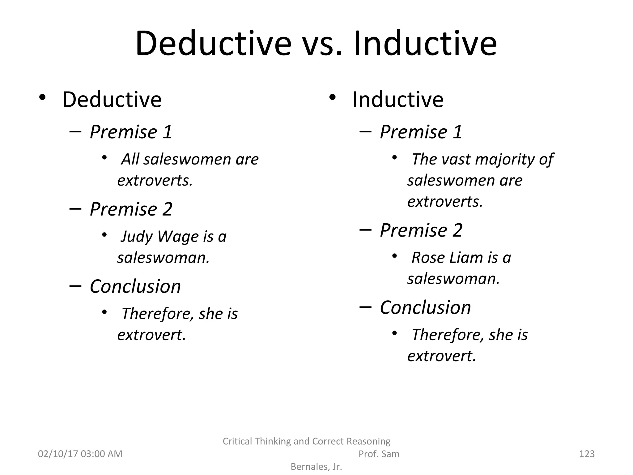Deductive vs. Inductive
• Deductive
– Premise 1
• All saleswomen are
extroverts.
– Premise 2
• Judy Wage is a
saleswoman.
– Conclusion
• Therefore, she is
extrovert.
• Inductive
– Premise 1
• The vast majority of
saleswomen are
extroverts.
– Premise 2
• Rose Liam is a
saleswoman.
– Conclusion
• Therefore, she is
extrovert.
02/10/17 03:00 AM
Critical Thinking and Correct Reasoning
Prof. Sam
Bernales, Jr.
123
 