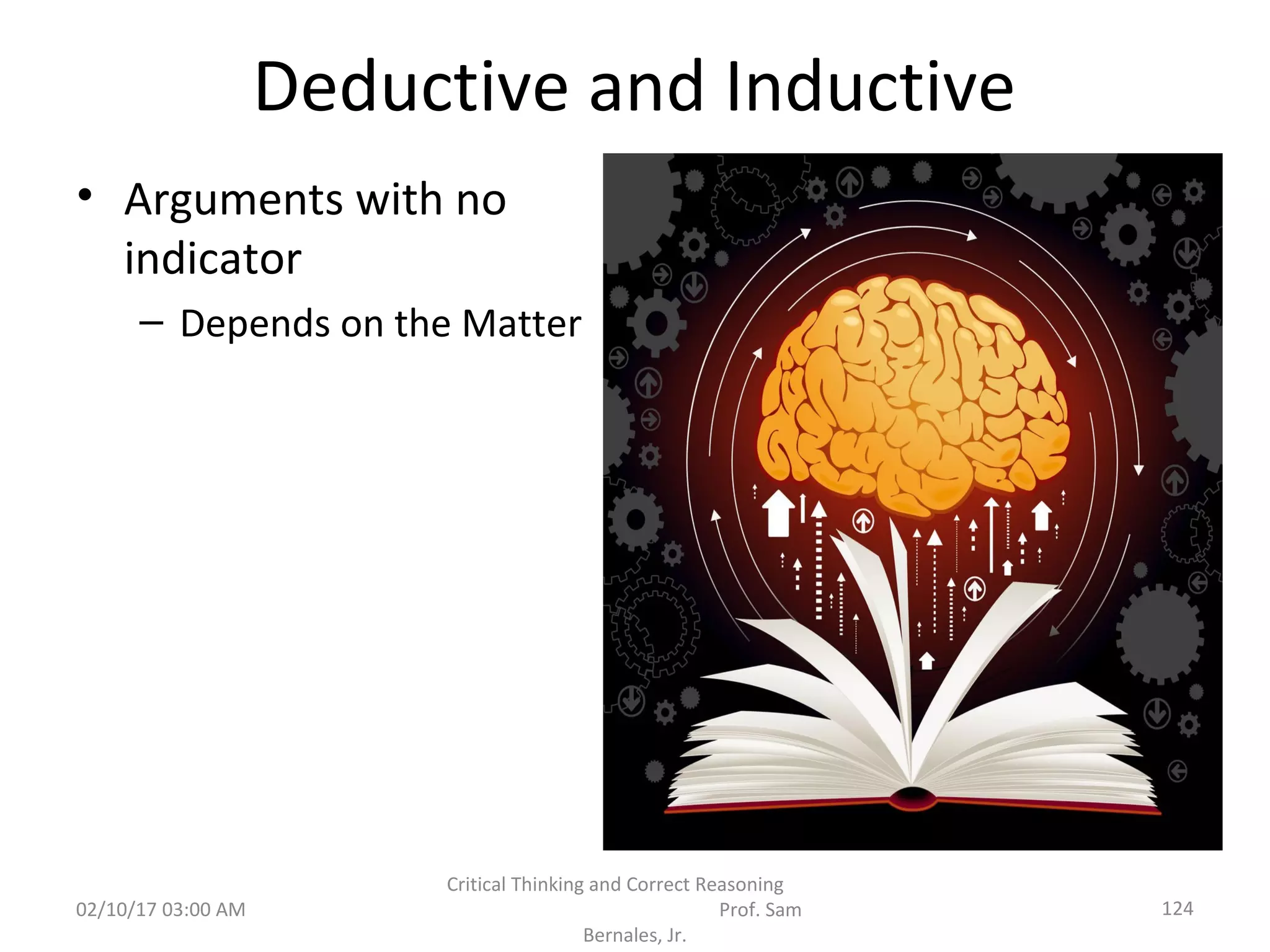 Deductive and Inductive
• Arguments with no
indicator
– Depends on the Matter
02/10/17 03:00 AM
Critical Thinking and Correct Reasoning
Prof. Sam
Bernales, Jr.
124
 
