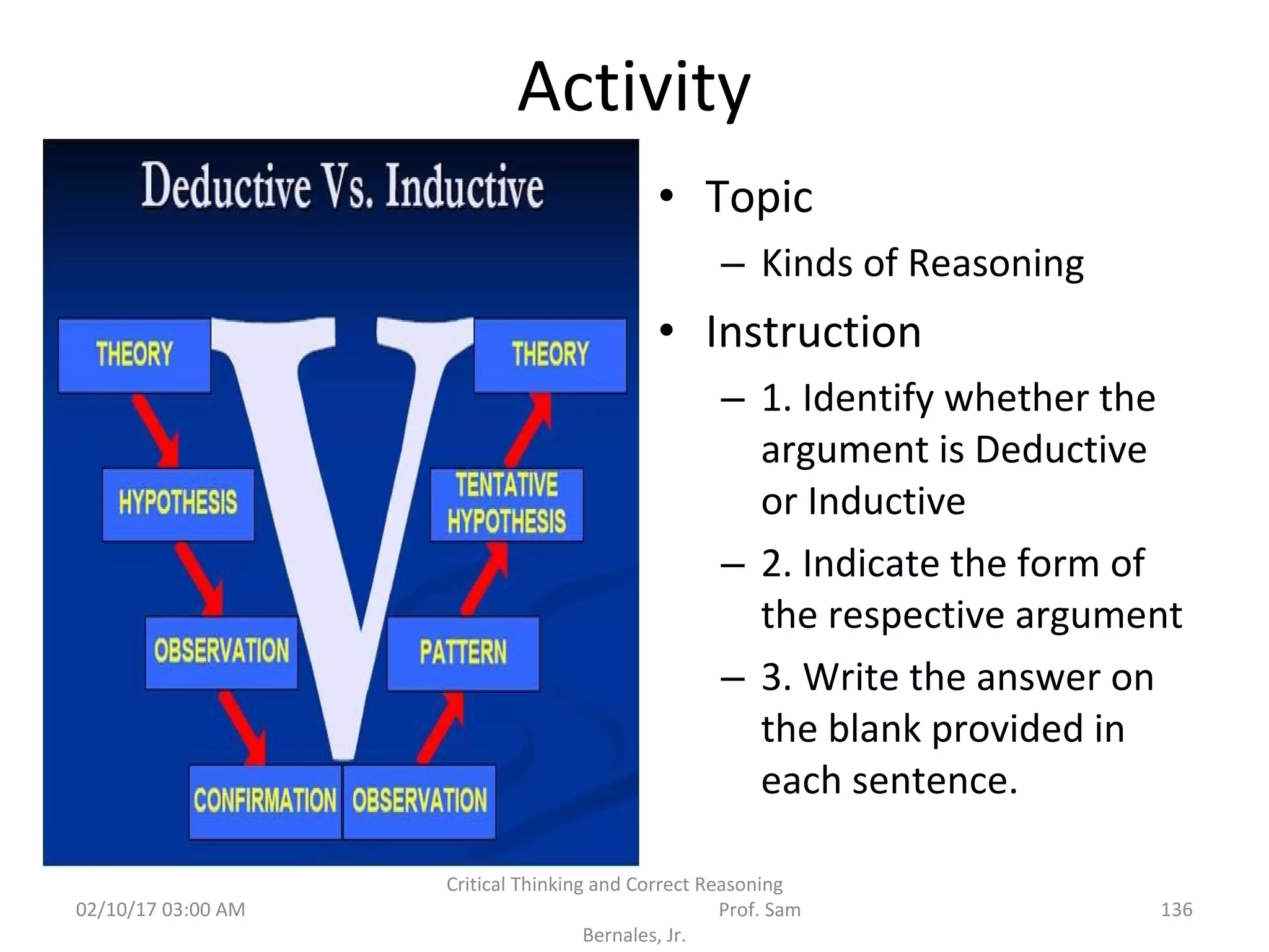 Activity
• Topic
– Kinds of Reasoning
• Instruction
– 1. Identify whether the
argument is Deductive
or Inductive
– 2. Indicate the form of
the respective argument
– 3. Write the answer on
the blank provided in
each sentence.
02/10/17 03:00 AM
Critical Thinking and Correct Reasoning
Prof. Sam
Bernales, Jr.
136
 