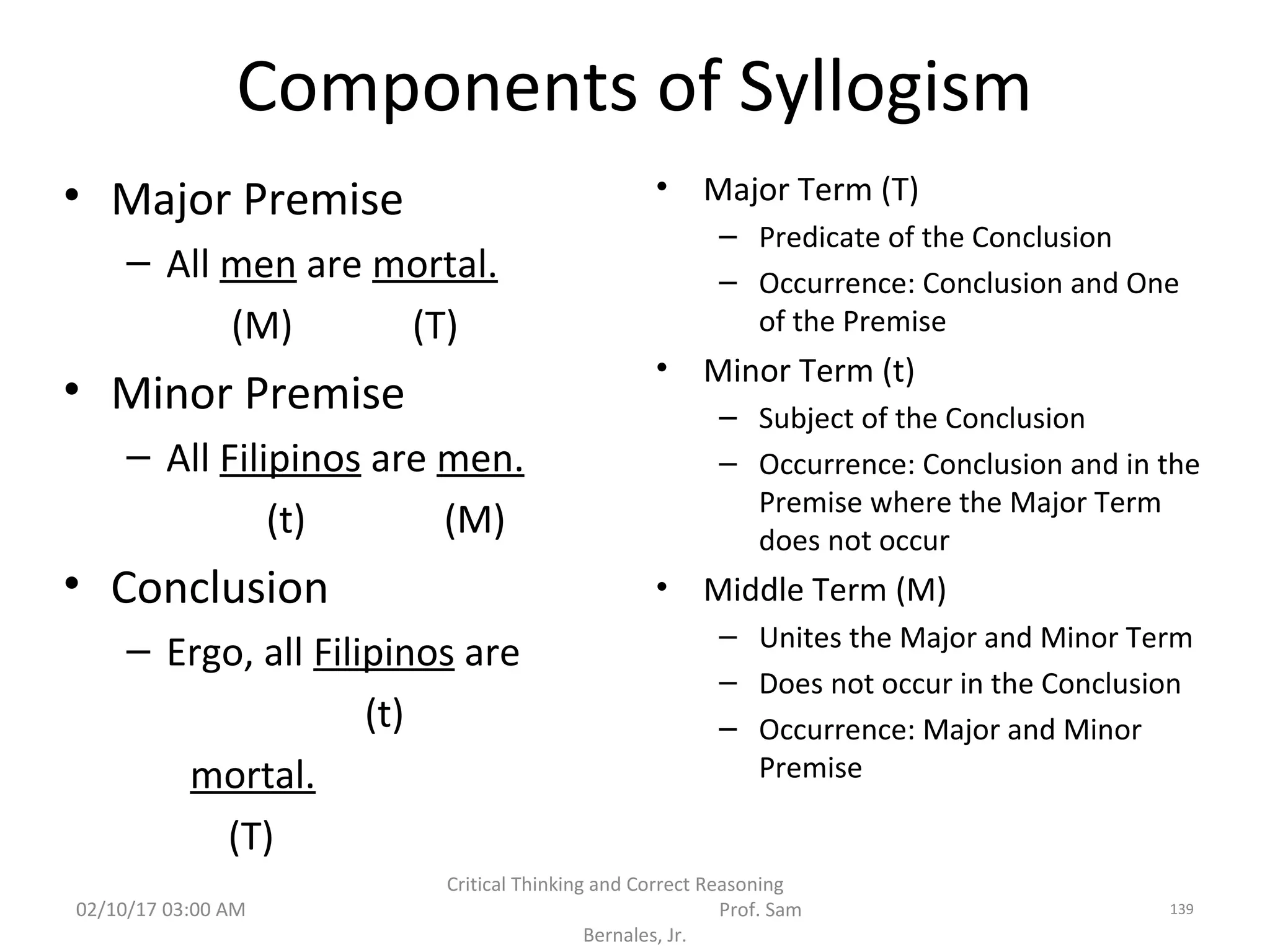 Components of Syllogism
• Major Premise
– All men are mortal.
(M) (T)
• Minor Premise
– All Filipinos are men.
(t) (M)
• Conclusion
– Ergo, all Filipinos are
(t)
mortal.
(T)
• Major Term (T)
– Predicate of the Conclusion
– Occurrence: Conclusion and One
of the Premise
• Minor Term (t)
– Subject of the Conclusion
– Occurrence: Conclusion and in the
Premise where the Major Term
does not occur
• Middle Term (M)
– Unites the Major and Minor Term
– Does not occur in the Conclusion
– Occurrence: Major and Minor
Premise
02/10/17 03:00 AM
Critical Thinking and Correct Reasoning
Prof. Sam
Bernales, Jr.
139
 