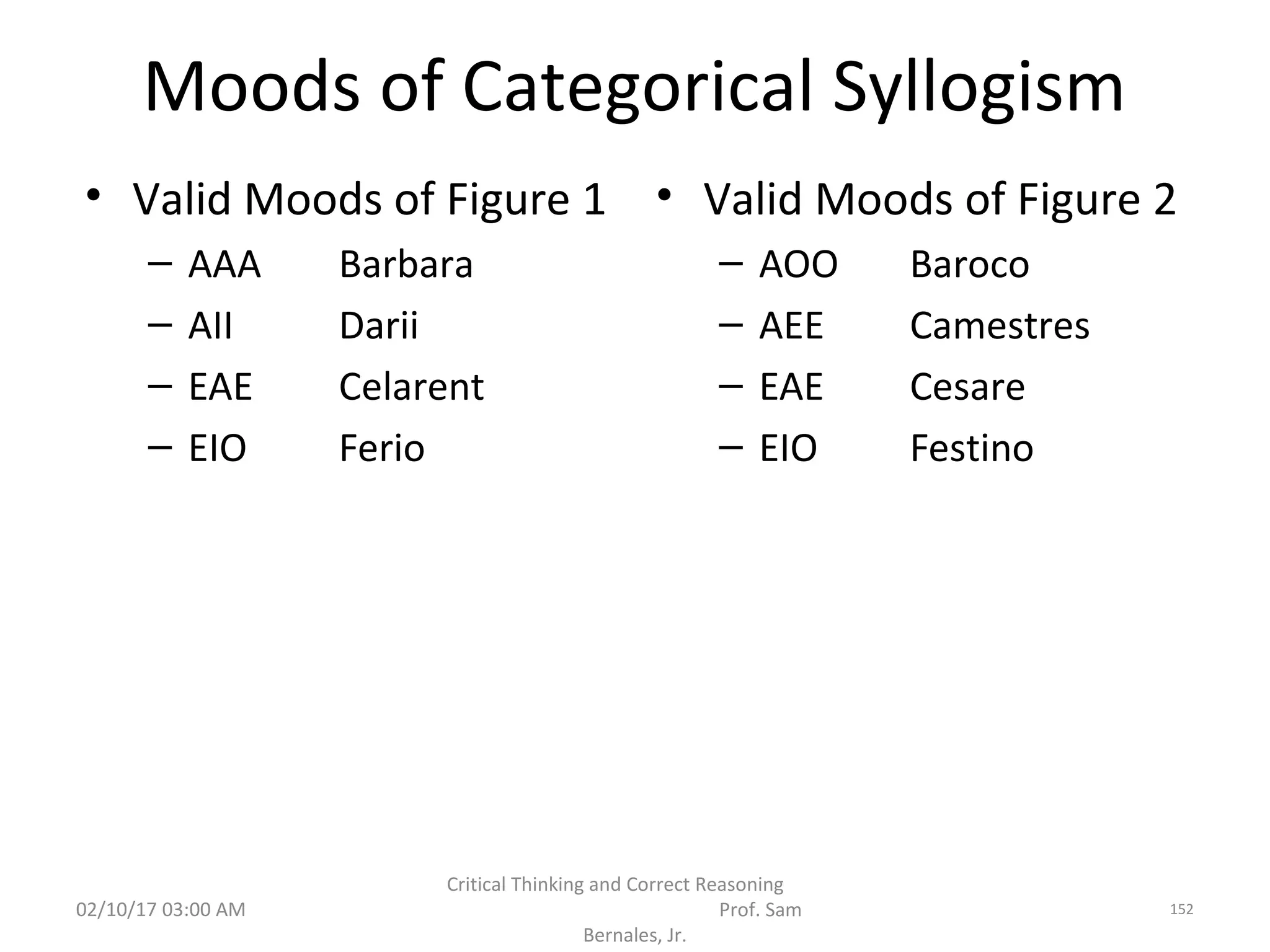 Moods of Categorical Syllogism
• Valid Moods of Figure 1
– AAA Barbara
– AII Darii
– EAE Celarent
– EIO Ferio
• Valid Moods of Figure 2
– AOO Baroco
– AEE Camestres
– EAE Cesare
– EIO Festino
02/10/17 03:00 AM
Critical Thinking and Correct Reasoning
Prof. Sam
Bernales, Jr.
152
 