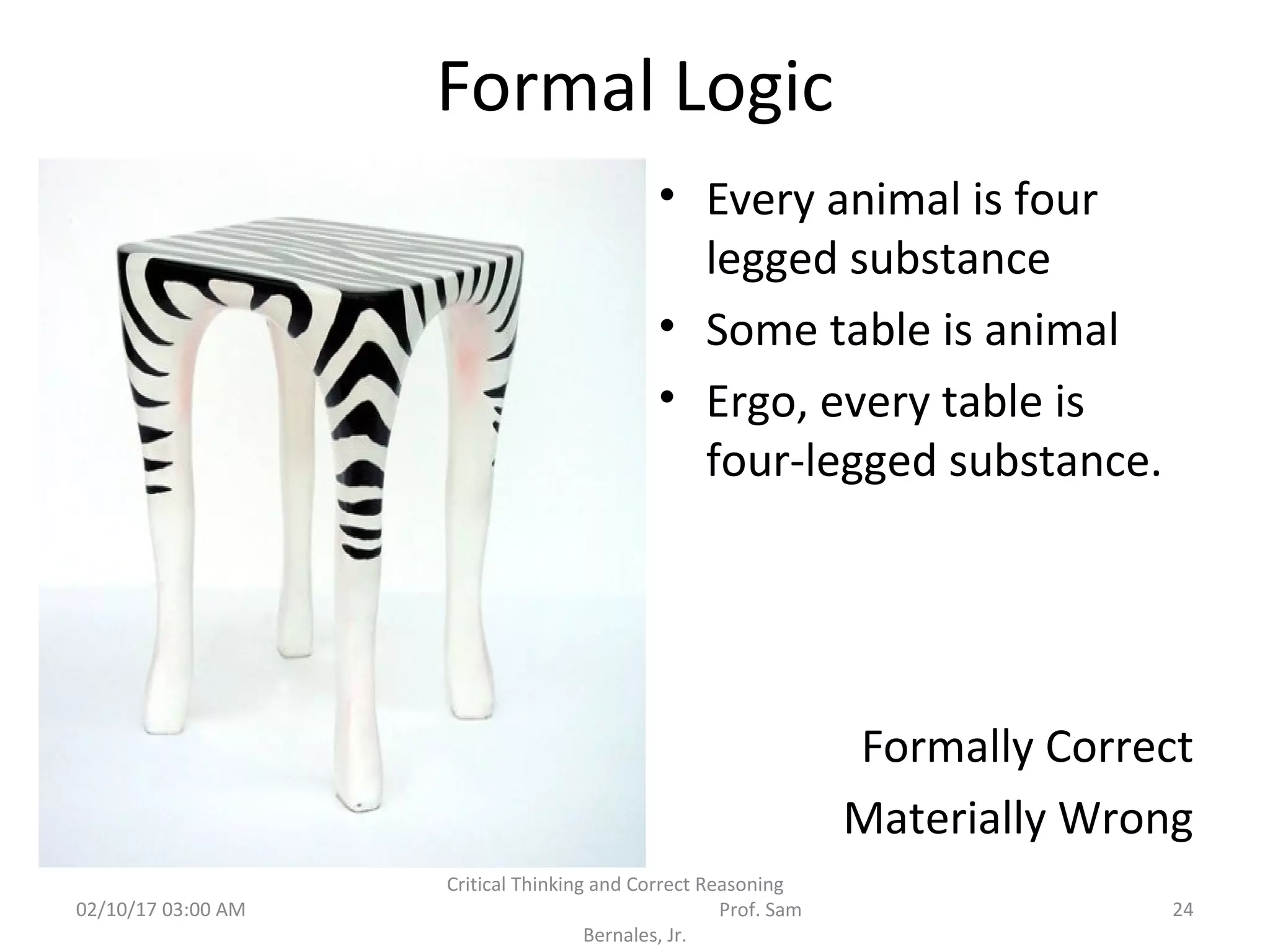 Formal Logic
• Every animal is four
legged substance
• Some table is animal
• Ergo, every table is
four-legged substance.
Formally Correct
Materially Wrong
02/10/17 03:00 AM 24
Critical Thinking and Correct Reasoning
Prof. Sam
Bernales, Jr.
 