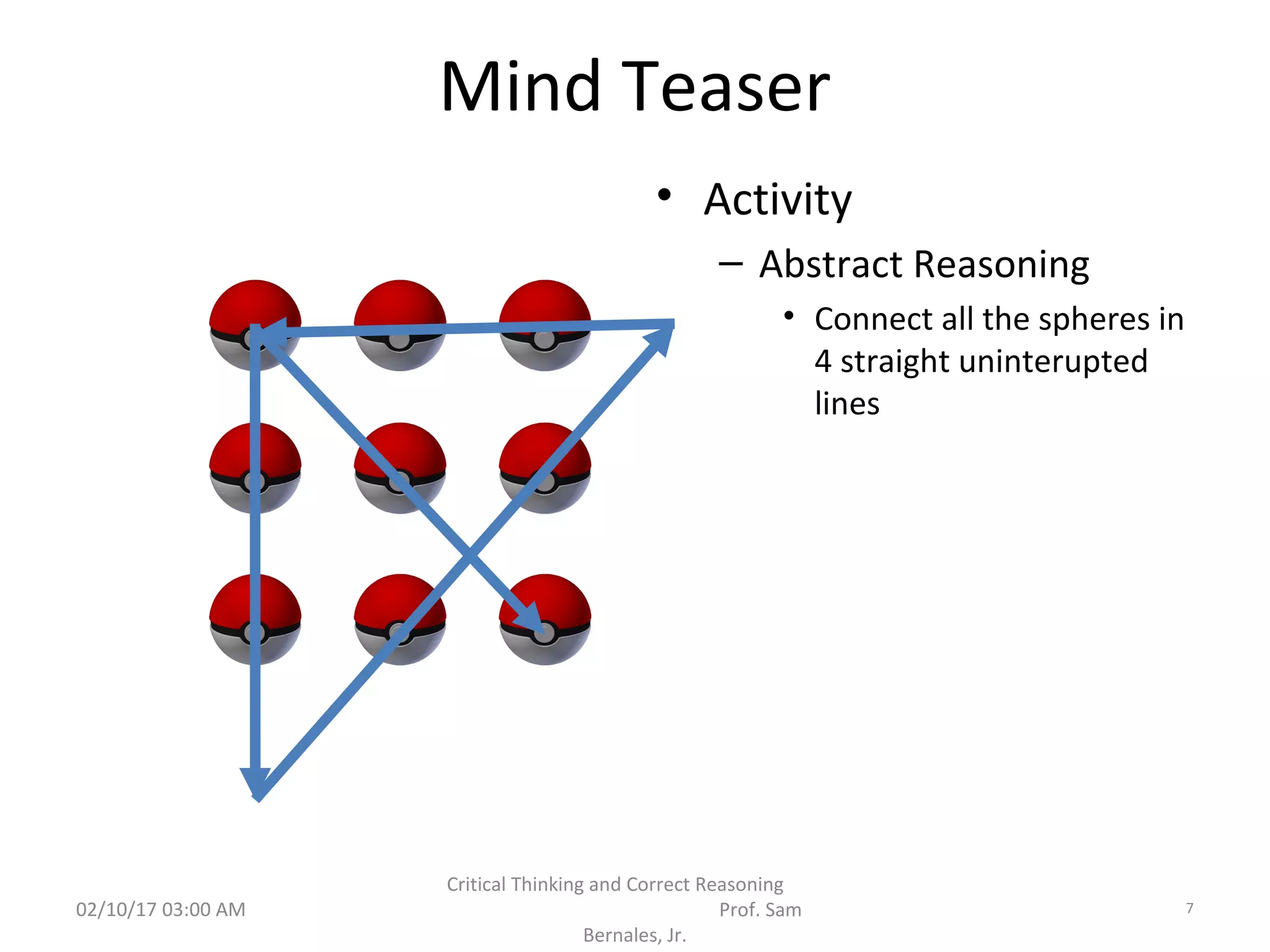 Mind Teaser
• Activity
– Abstract Reasoning
• Connect all the spheres in
4 straight uninterupted
lines
02/10/17 03:00 AM
Critical Thinking and Correct Reasoning
Prof. Sam
Bernales, Jr.
7
 