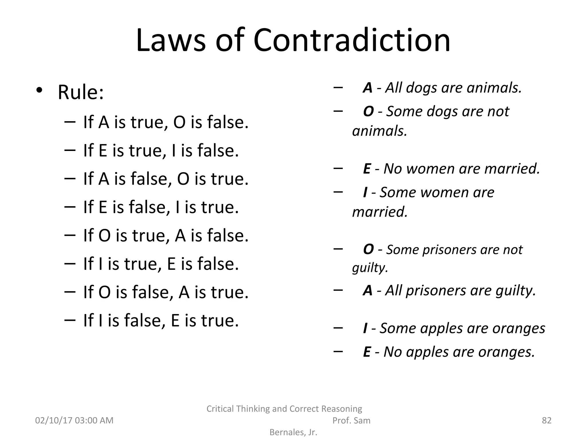 Laws of Contradiction
• Rule:
– If A is true, O is false.
– If E is true, I is false.
– If A is false, O is true.
– If E is false, I is true.
– If O is true, A is false.
– If I is true, E is false.
– If O is false, A is true.
– If I is false, E is true.
– A - All dogs are animals.
– O - Some dogs are not
animals.
– E - No women are married.
– I - Some women are
married.
– O - Some prisoners are not
guilty.
– A - All prisoners are guilty.
– I - Some apples are oranges
– E - No apples are oranges.
02/10/17 03:00 AM
Critical Thinking and Correct Reasoning
Prof. Sam
Bernales, Jr.
82
 