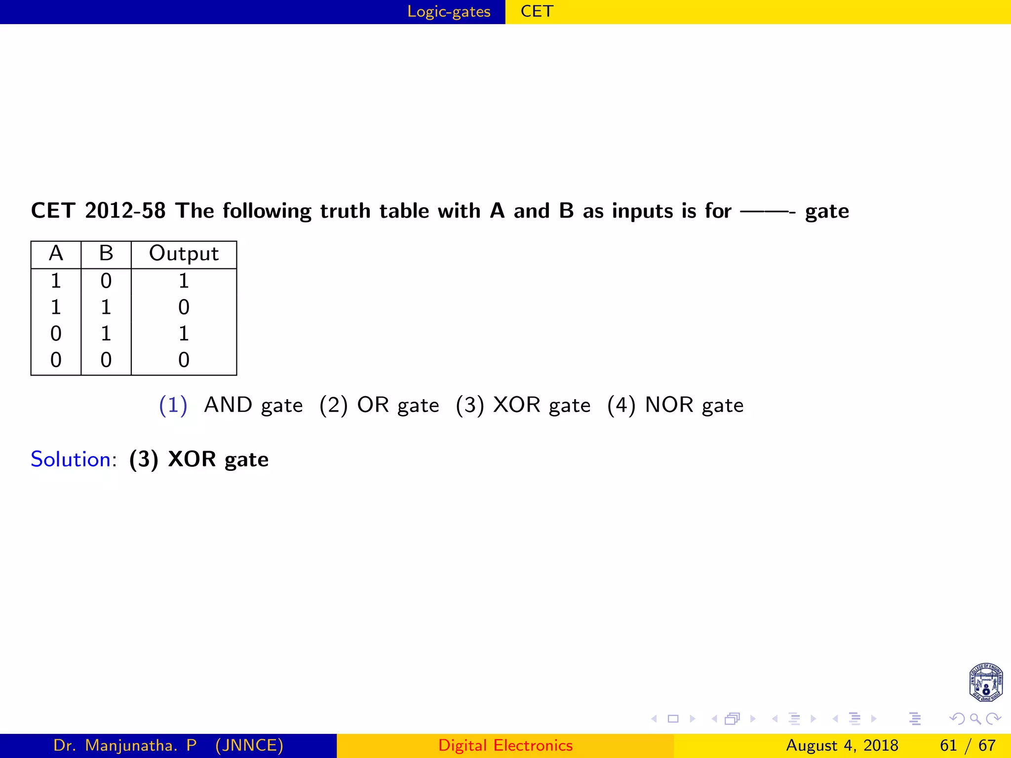 Logic-gates CET
CET 2012-58 The following truth table with A and B as inputs is for ——- gate
A B Output
1 0 1
1 1 0
0 1 1
0 0 0
(1) AND gate (2) OR gate (3) XOR gate (4) NOR gate
Solution: (3) XOR gate
Dr. Manjunatha. P (JNNCE) Digital Electronics August 4, 2018 61 / 67
 