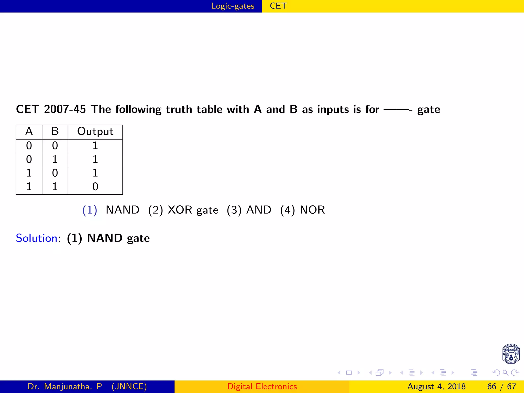 Logic-gates CET
CET 2007-45 The following truth table with A and B as inputs is for ——- gate
A B Output
0 0 1
0 1 1
1 0 1
1 1 0
(1) NAND (2) XOR gate (3) AND (4) NOR
Solution: (1) NAND gate
Dr. Manjunatha. P (JNNCE) Digital Electronics August 4, 2018 66 / 67
 