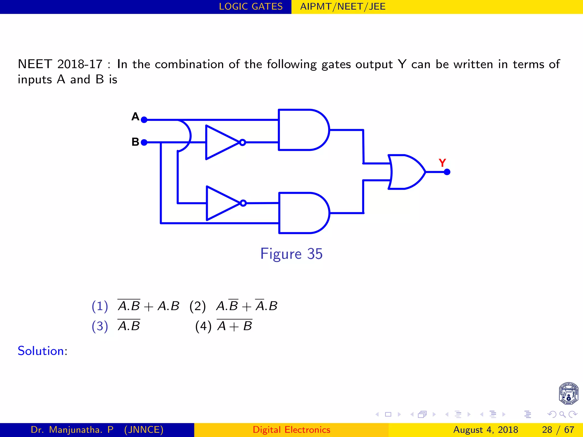 LOGIC GATES AIPMT/NEET/JEE
NEET 2018-17 : In the combination of the following gates output Y can be written in terms of
inputs A and B is
A
B
Y
Figure 35
(1) A.B + A.B (2) A.B + A.B
(3) A.B (4) A + B
Solution:
Dr. Manjunatha. P (JNNCE) Digital Electronics August 4, 2018 28 / 67
 
