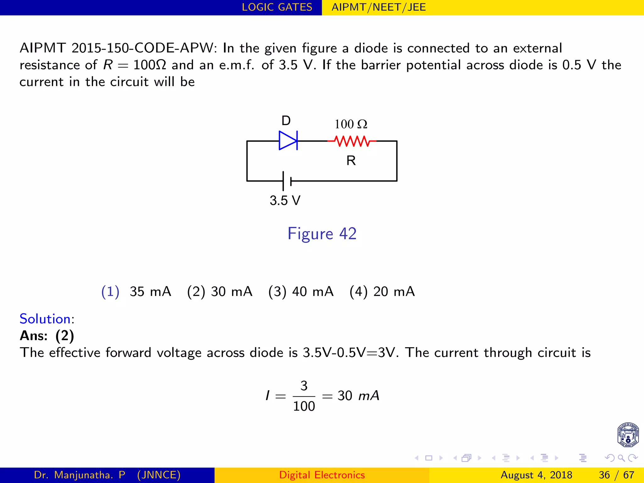 LOGIC GATES AIPMT/NEET/JEE
AIPMT 2015-150-CODE-APW: In the given ﬁgure a diode is connected to an external
resistance of R = 100Ω and an e.m.f. of 3.5 V. If the barrier potential across diode is 0.5 V the
current in the circuit will be
100 Ω
3.5 V
D
R
Figure 42
(1) 35 mA (2) 30 mA (3) 40 mA (4) 20 mA
Solution:
Ans: (2)
The eﬀective forward voltage across diode is 3.5V-0.5V=3V. The current through circuit is
I =
3
100
= 30 mA
Dr. Manjunatha. P (JNNCE) Digital Electronics August 4, 2018 36 / 67
 