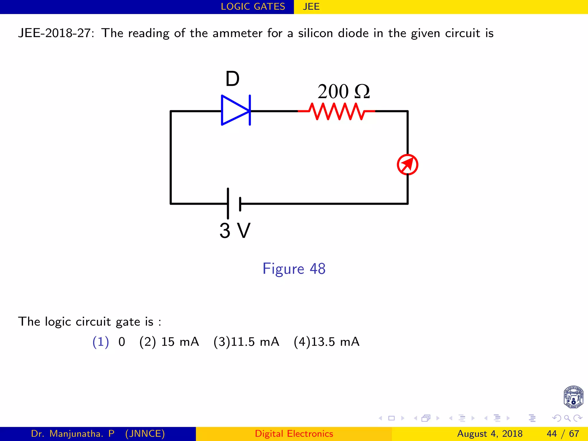 LOGIC GATES JEE
JEE-2018-27: The reading of the ammeter for a silicon diode in the given circuit is
200 Ω
3 V
D
Figure 48
The logic circuit gate is :
(1) 0 (2) 15 mA (3)11.5 mA (4)13.5 mA
Dr. Manjunatha. P (JNNCE) Digital Electronics August 4, 2018 44 / 67
 