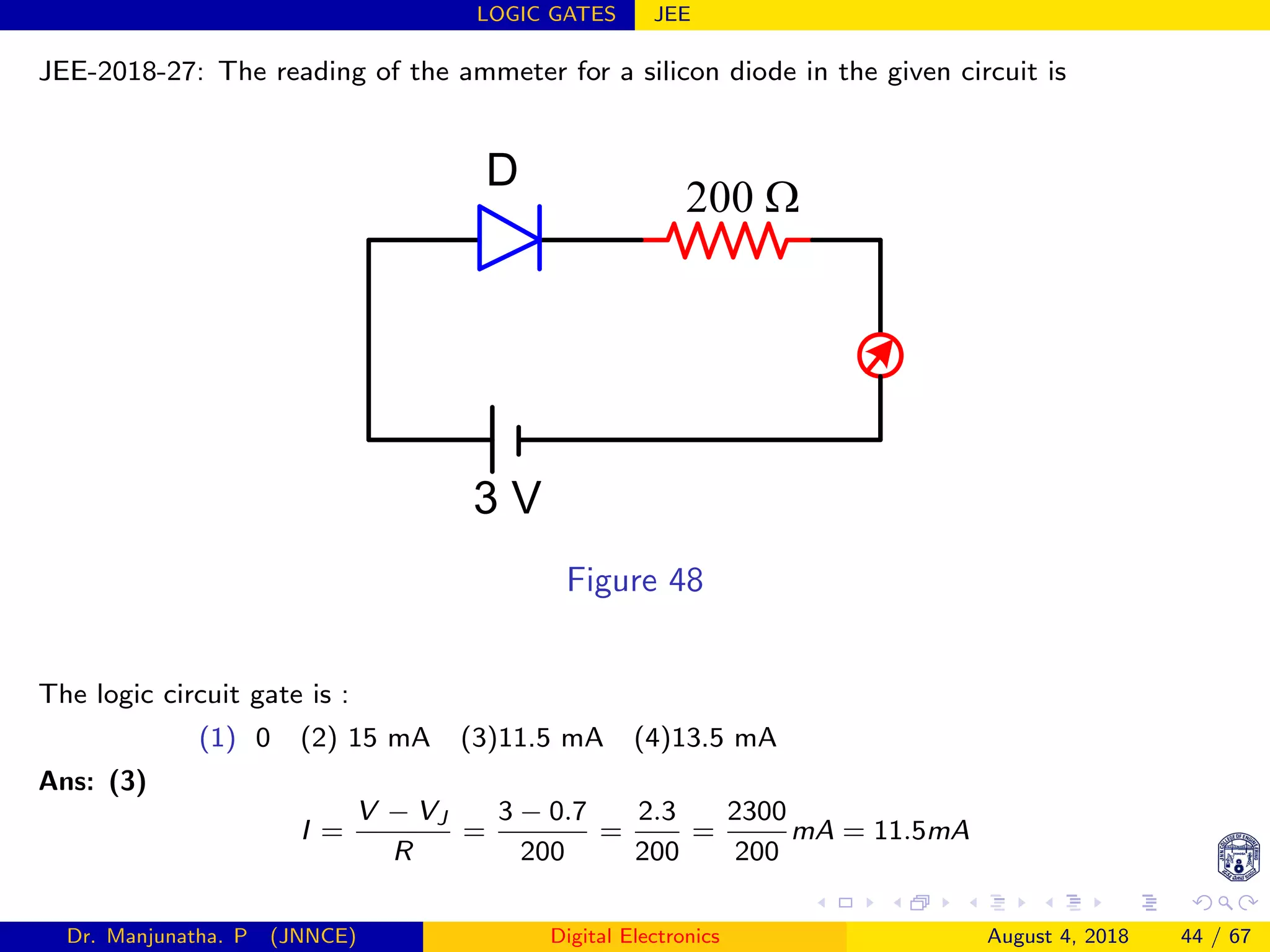 LOGIC GATES JEE
JEE-2018-27: The reading of the ammeter for a silicon diode in the given circuit is
200 Ω
3 V
D
Figure 48
The logic circuit gate is :
(1) 0 (2) 15 mA (3)11.5 mA (4)13.5 mA
Ans: (3)
I =
V − VJ
R
=
3 − 0.7
200
=
2.3
200
=
2300
200
mA = 11.5mA
Dr. Manjunatha. P (JNNCE) Digital Electronics August 4, 2018 44 / 67
 